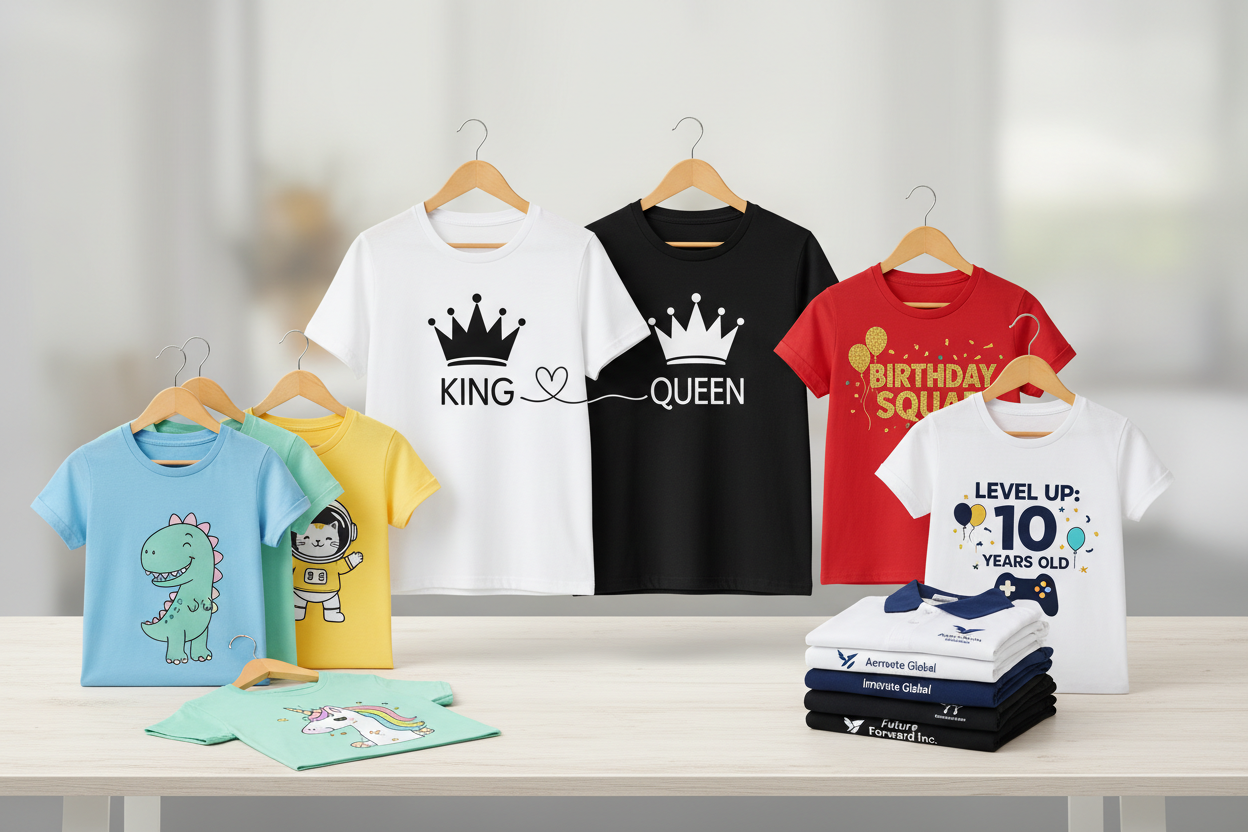 From matching couple tees to adorable kids' designs, birthday shirts to corporate wear - our custom t-shirt service has you covered. Add any text, image, or design you want. Perfect for celebrations, gifts, events, or everyday wear. If you can dream it, we can print it!